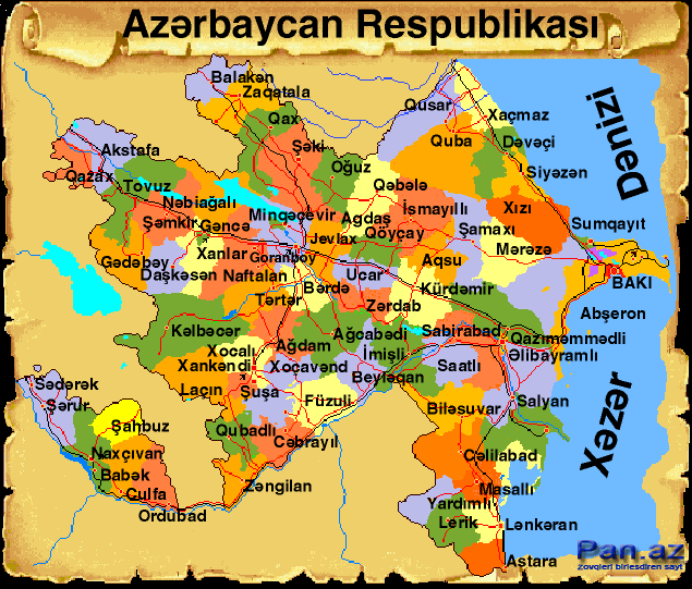 Azerbaijan map - Azerbaijani Turkish Russian translations